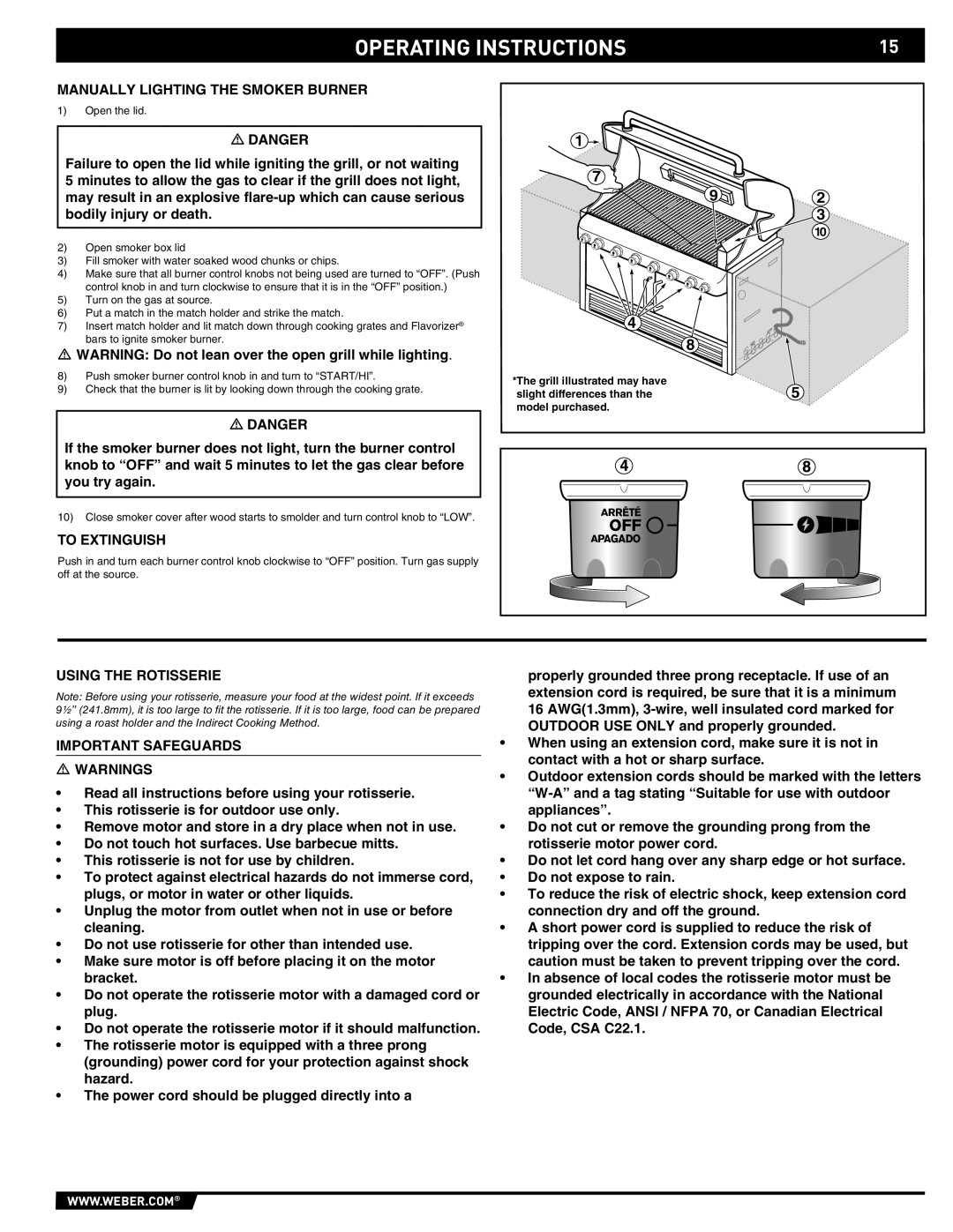 Weber 43157, S-640-NG manual Manually Lighting the Smoker Burner, Using the Rotisserie Important Safeguards 