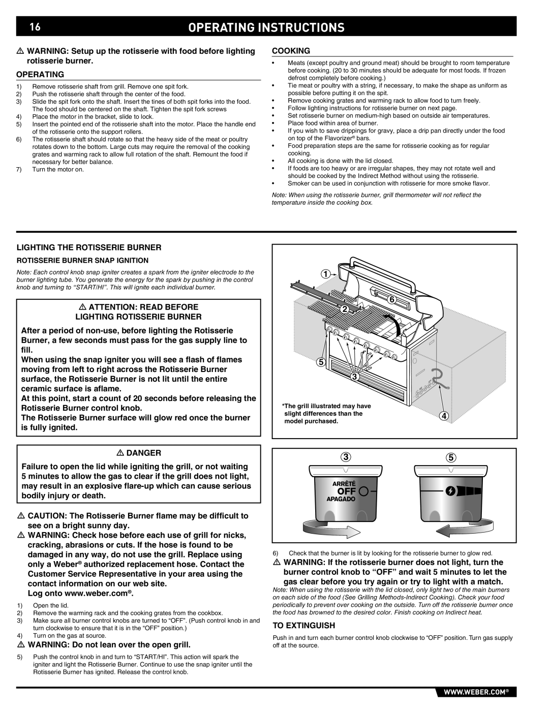 Weber S-640-NG, 43157 Cooking, Lighting the Rotisserie Burner, Lighting Rotisserie Burner, Rotisserie Burner Snap Ignition 