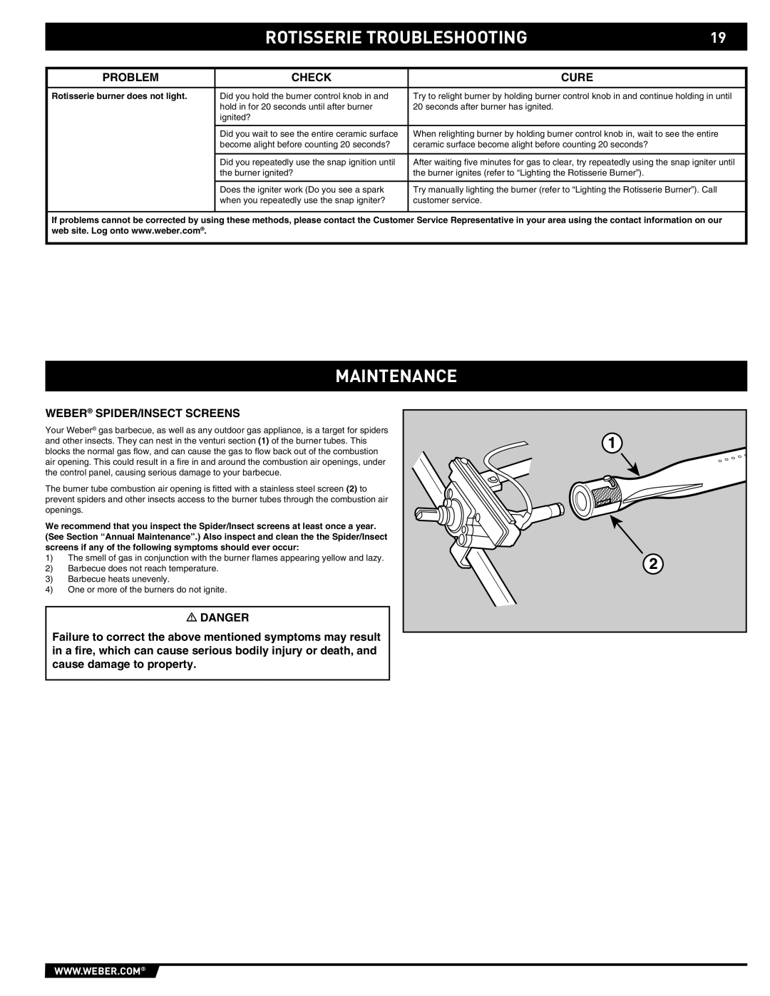 Weber 43157 manual Rotisserie Troubleshooting, Maintenance, Weber SPIDER/INSECT Screens, Rotisserie burner does not light 