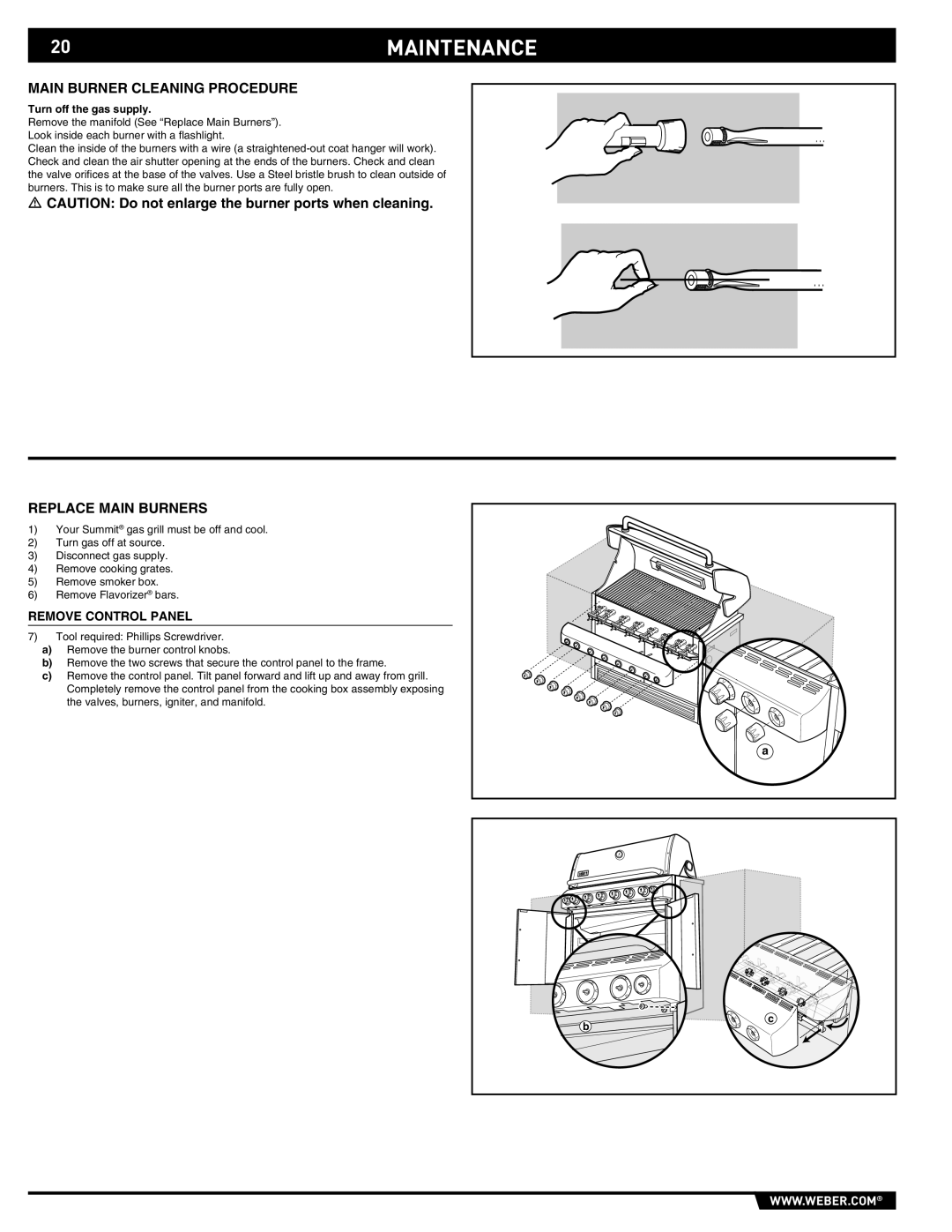 Weber S-640-NG, 43157 manual 20MAINTENANCE, Main Burner Cleaning Procedure, Replace Main Burners, Remove Control Panel 