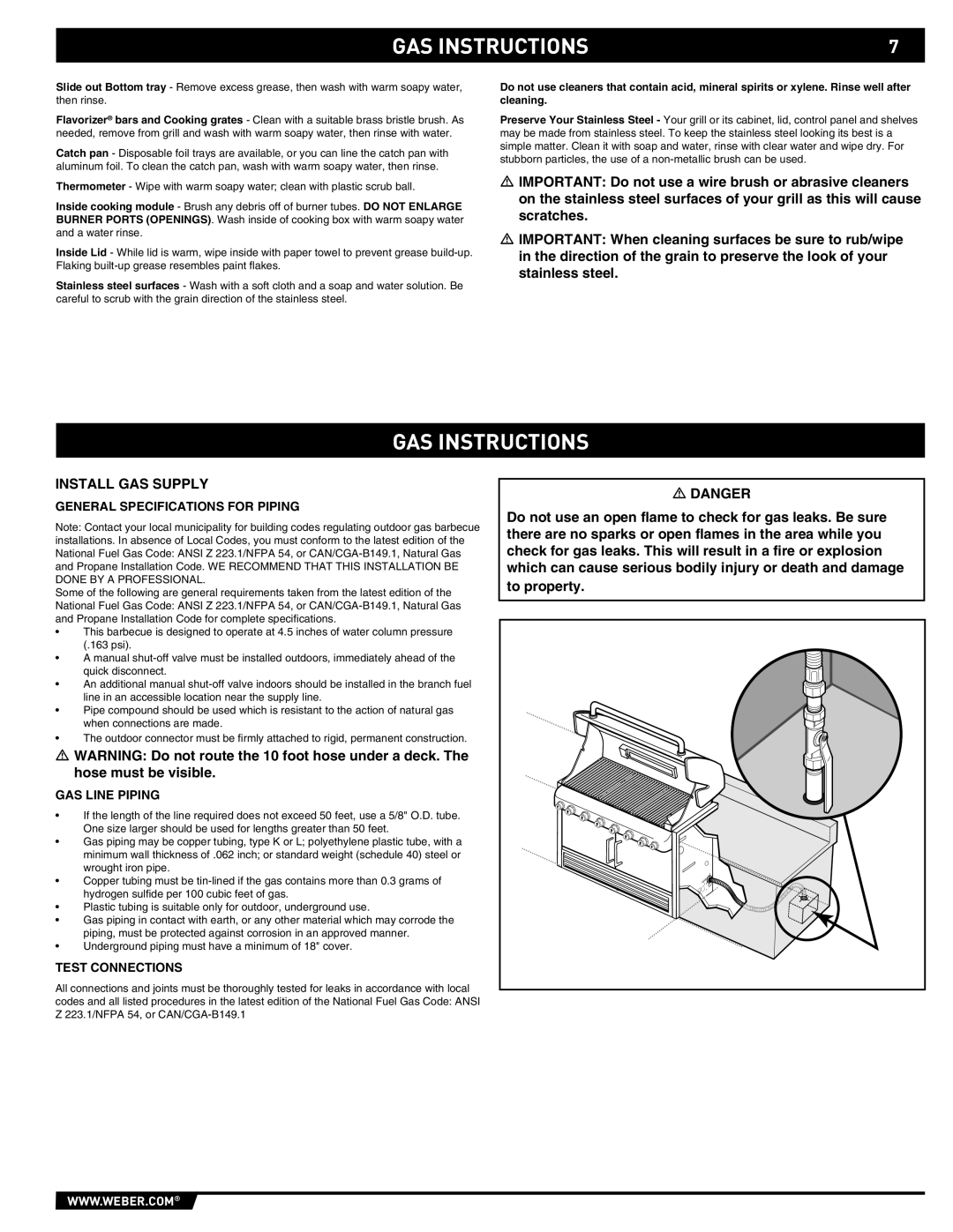 Weber 43157 GAS Instructions, Install GAS Supply, General Specifications for Piping, GAS Line Piping, Test Connections 