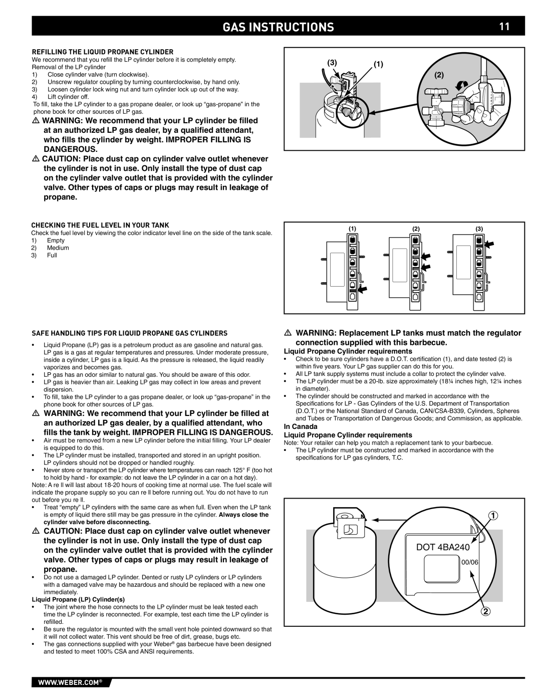 Weber S-640 manual Refilling the Liquid Propane Cylinder, Checking the Fuel Level in Your Tank 