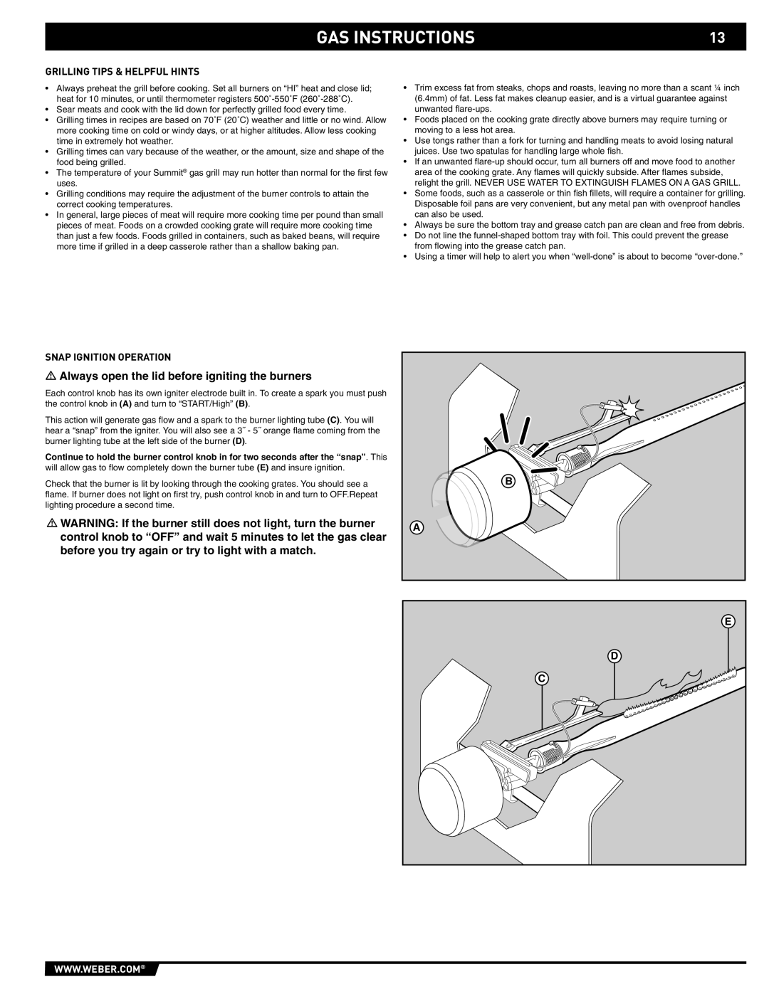 Weber S-640 manual Grilling Tips & Helpful Hints, Snap Ignition Operation 