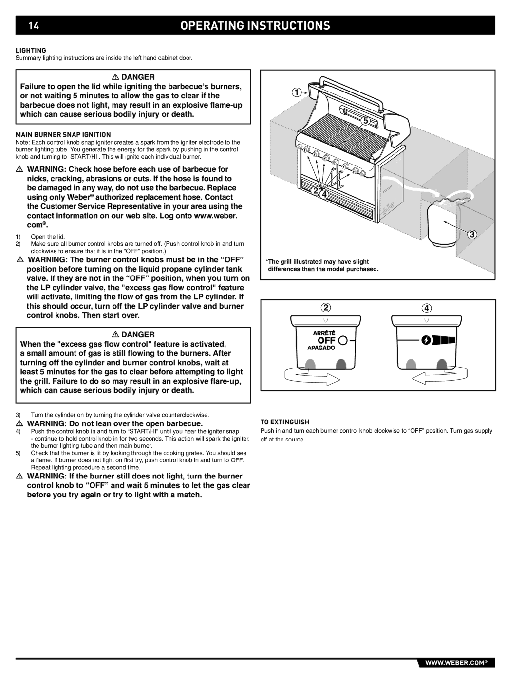 Weber S-640 manual Operating Instructions, Lighting, Main Burner Snap Ignition, To Extinguish 