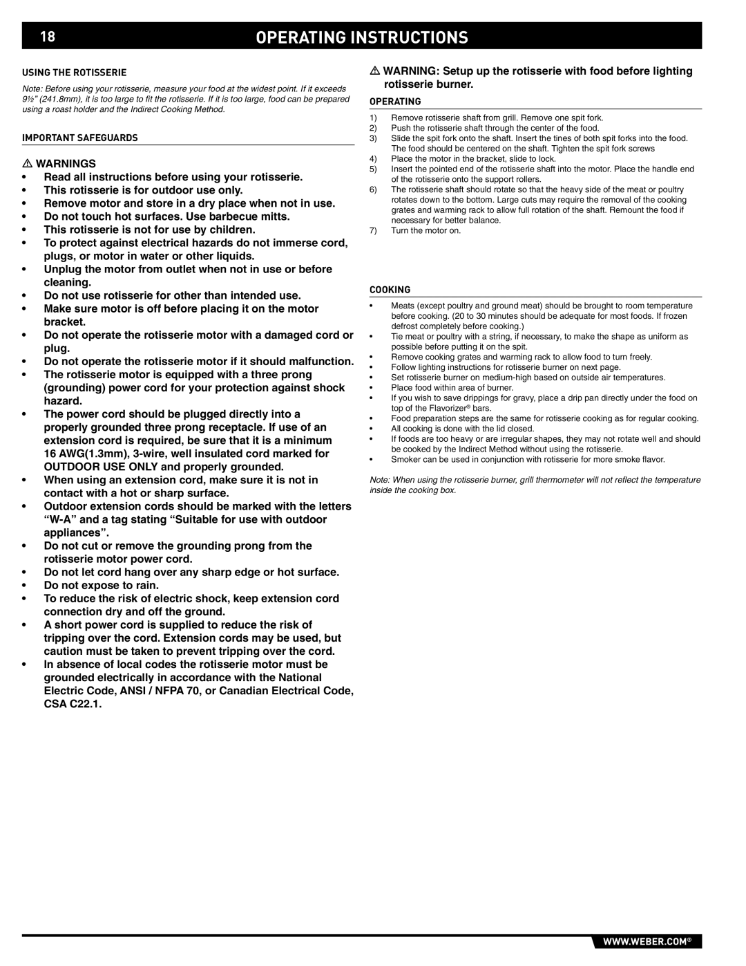 Weber S-640 manual Using the Rotisserie Important Safeguards, Cooking 