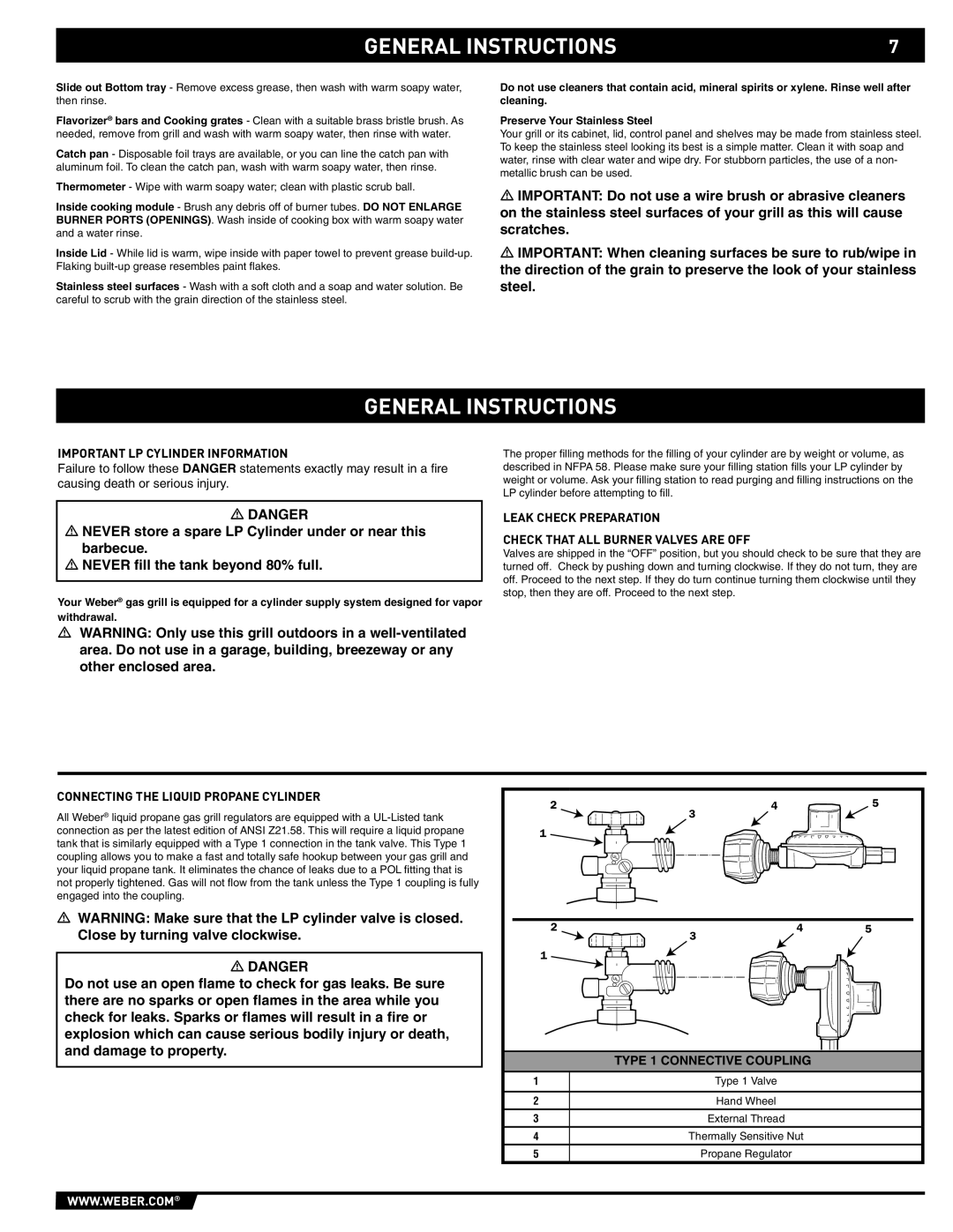 Weber S-640 manual General Instructions, Important LP Cylinder Information, Connecting the Liquid Propane Cylinder 