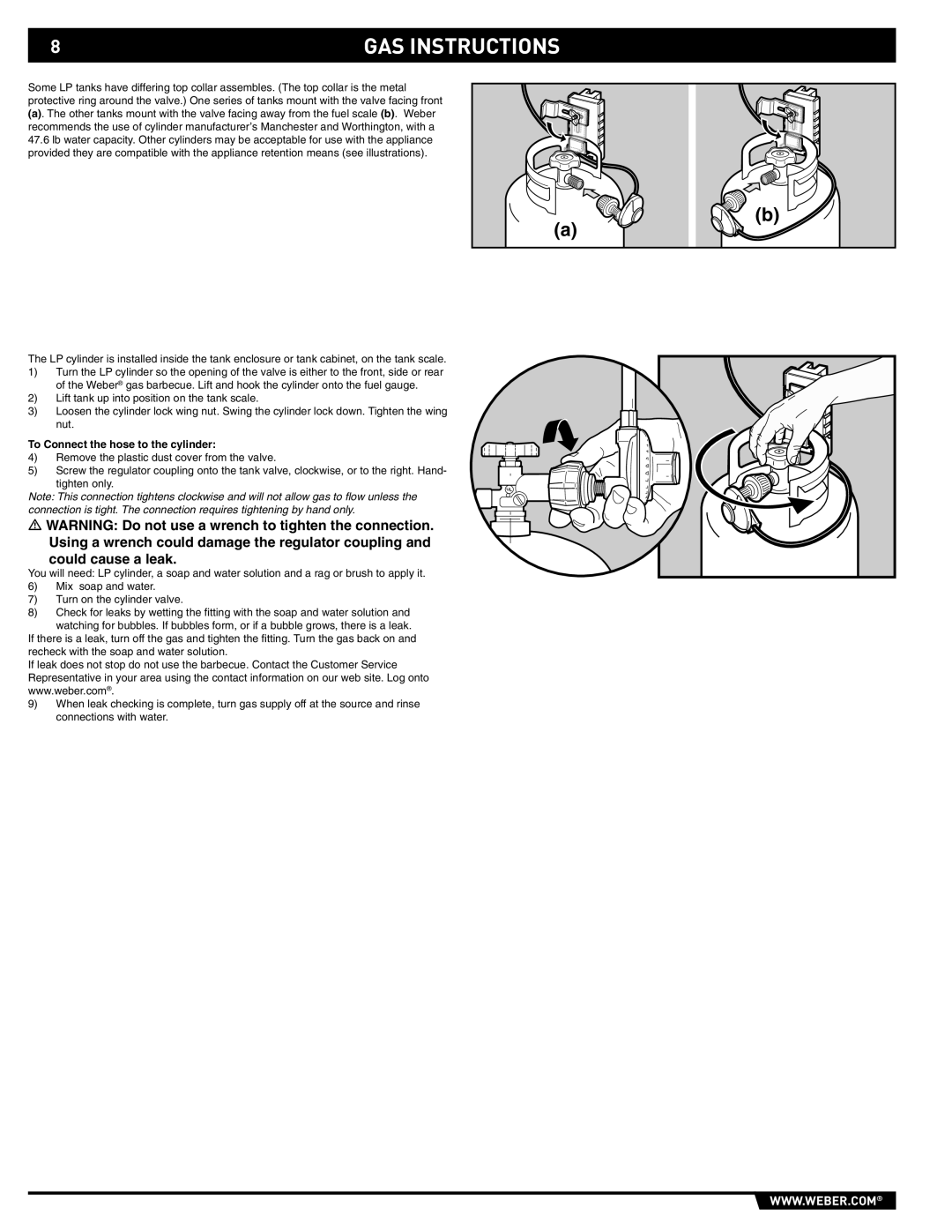 Weber S-640 manual GAS Instructions, To Connect the hose to the cylinder 