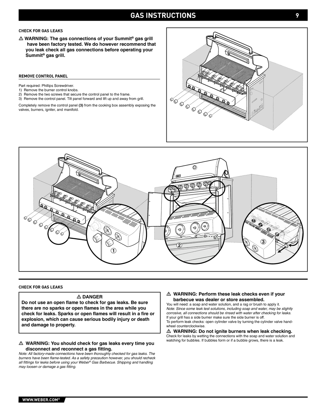 Weber S-640 manual Check for GAS Leaks Remove Control Panel 