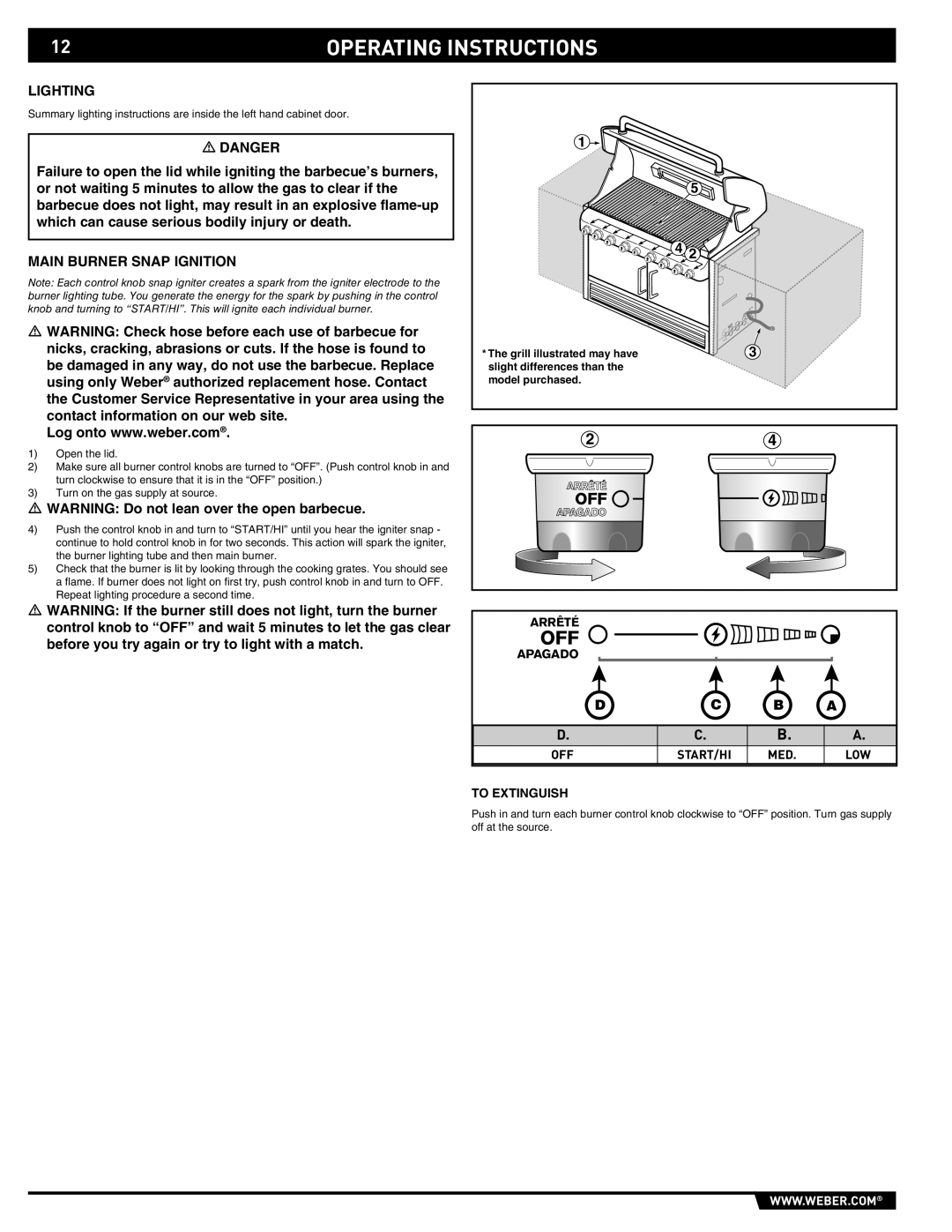 Weber S-660 manual Lighting, Main Burner Snap Ignition, Arrêté, Apagado, To Extinguish 