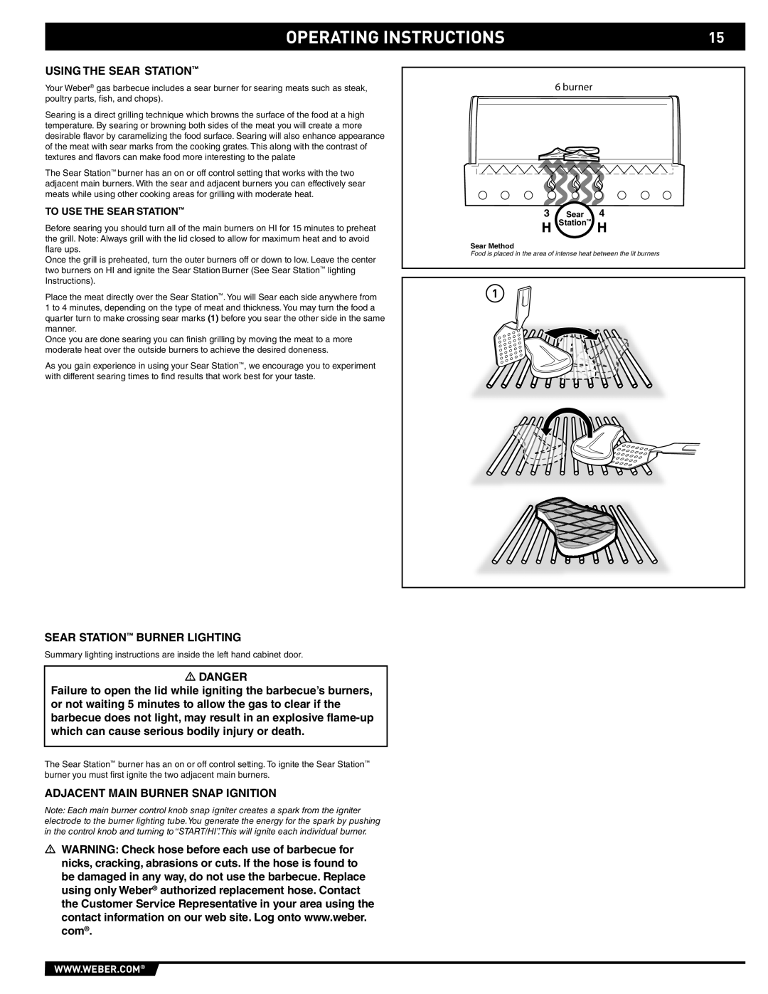 Weber S-660 manual Using the Sear Station, Sear Station Burner Lighting, Adjacent Main Burner Snap Ignition 