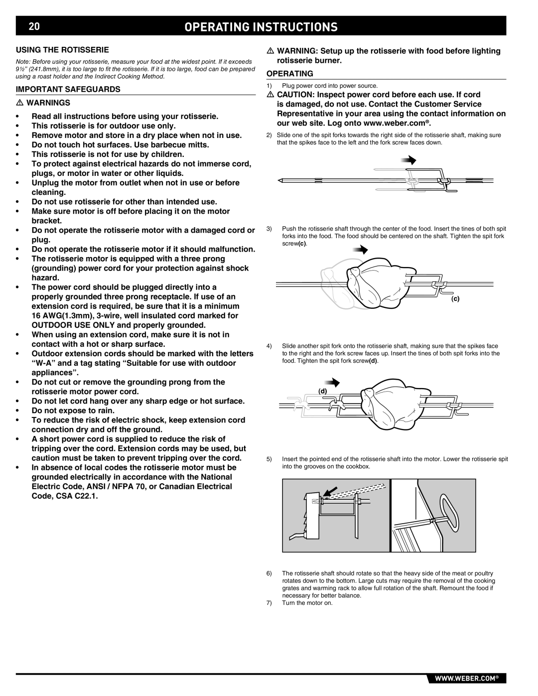 Weber S-660 manual Using the Rotisserie Important Safeguards, Operating 