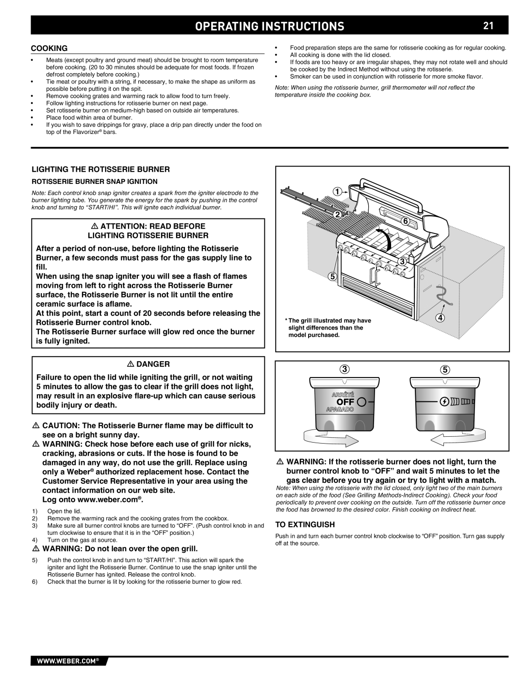 Weber S-660 manual Cooking, Lighting the Rotisserie Burner, Lighting Rotisserie Burner, Rotisserie Burner Snap Ignition 