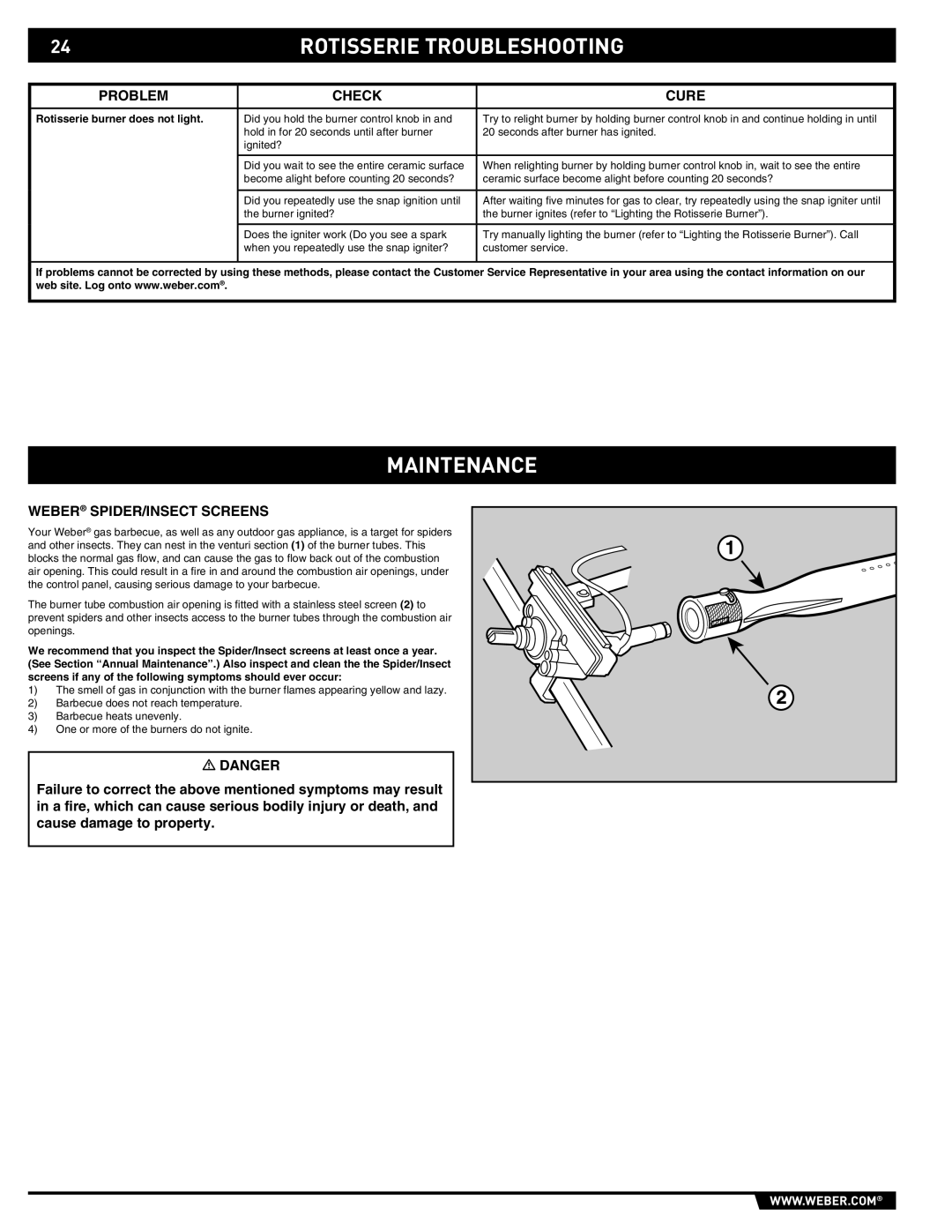 Weber S-660 manual Rotisserie Troubleshooting, Maintenance, Weber SPIDER/INSECT Screens 