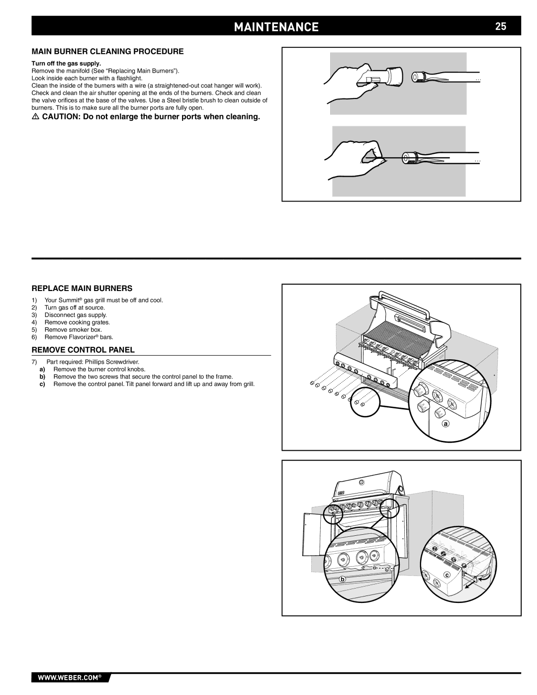 Weber S-660 manual MAINTENANCE25, Main Burner Cleaning Procedure, Replace Main Burners 