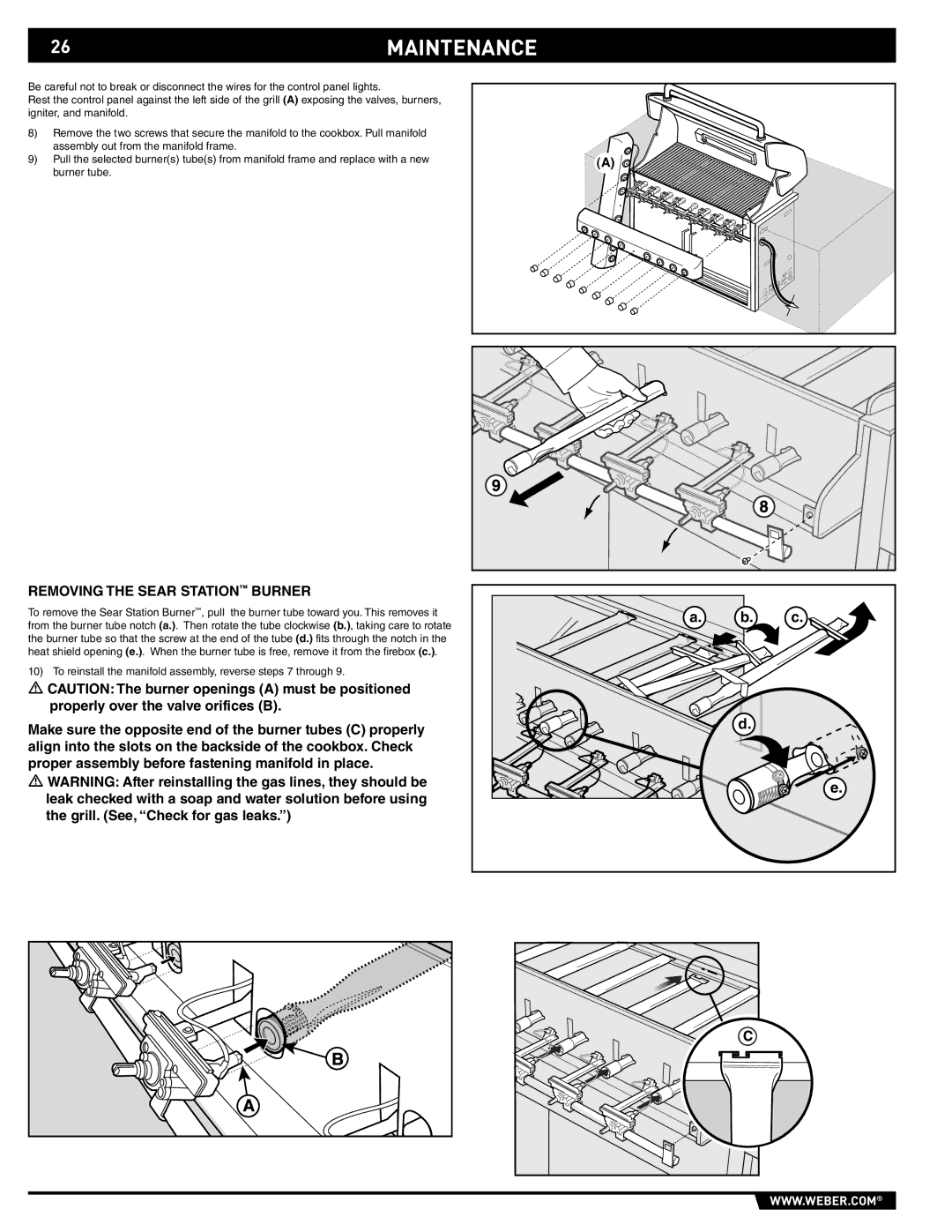 Weber S-660 manual 26MAINTENANCE, Removing the Sear Station Burner 