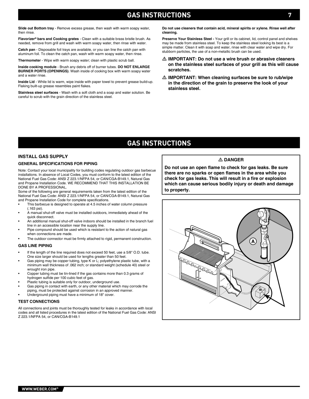 Weber S-660 GAS Instructions, Install GAS Supply, General Specifications for Piping, GAS Line Piping, Test Connections 