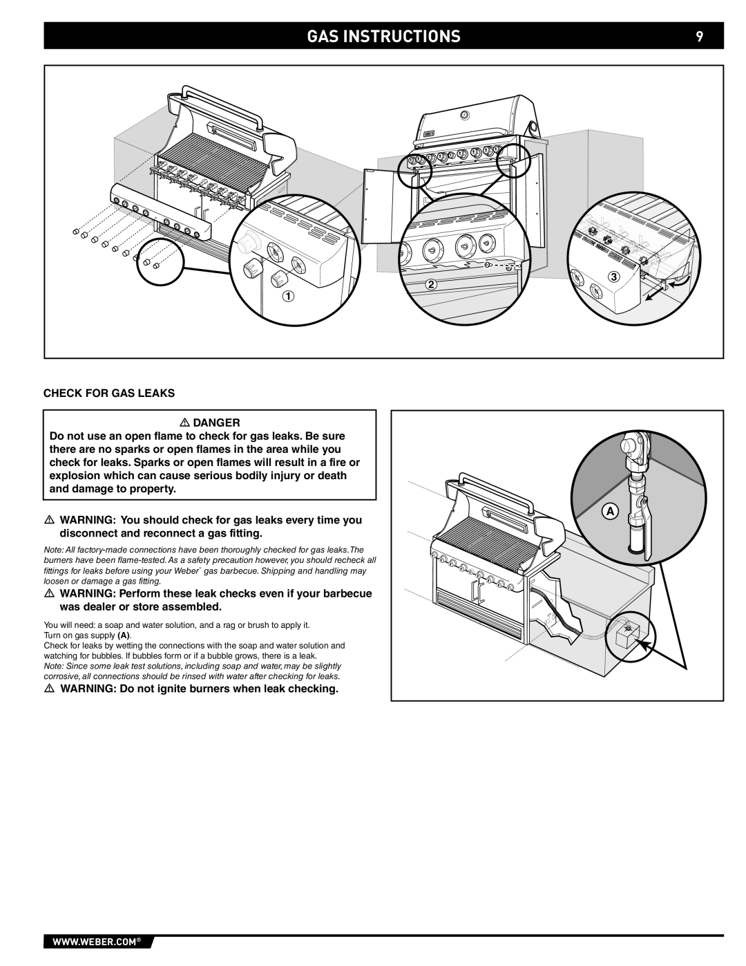 Weber S-660 manual GAS Instructions, Check for GAS Leaks 