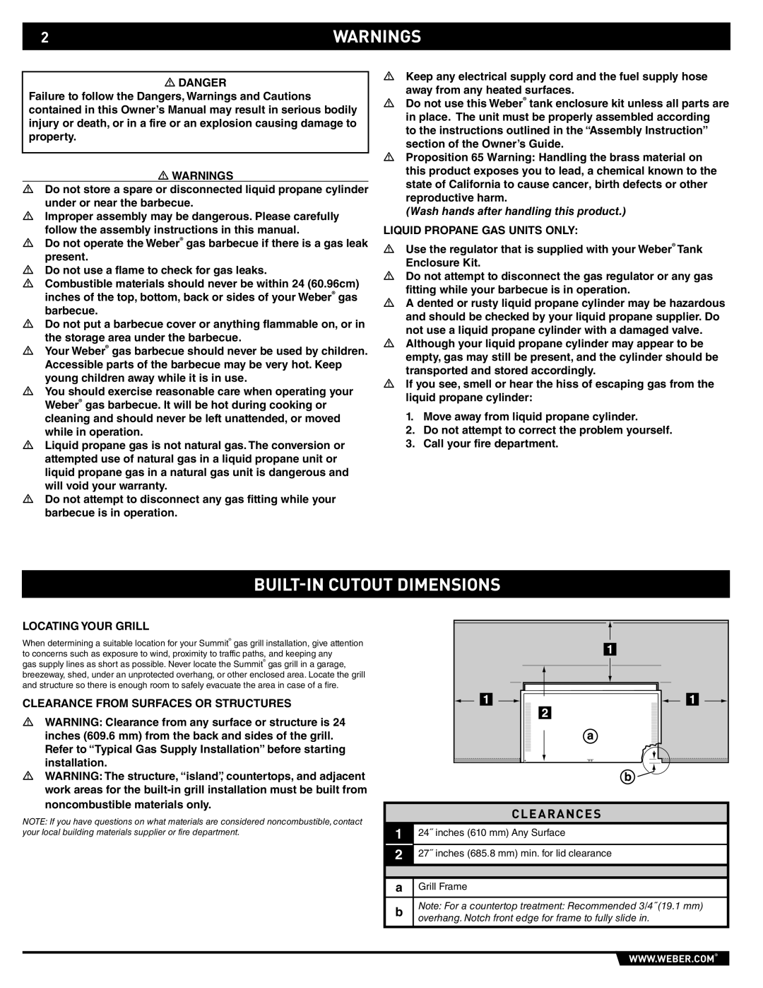 Weber S-660TM, S-460TM manual 2WARNINGS, BUILT-IN Cutout Dimensions, Clearances 