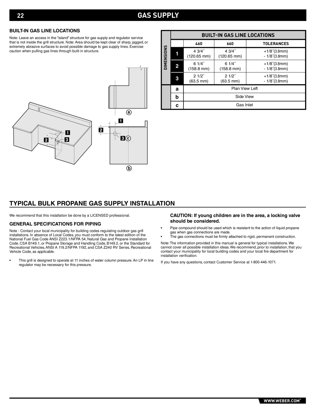 Weber S-660TM, S-460TM manual GAS Supply, BUILT-IN GAS Line Locations, General Specifications for Piping 