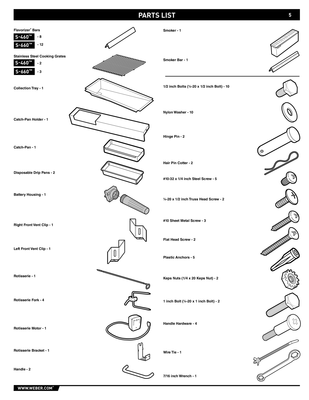 Weber S-460TM, S-660TM manual Parts List 