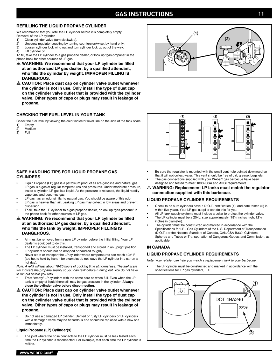 Weber S-670 manual Refilling the Liquid Propane Cylinder, Checking the Fuel Level in Your Tank 