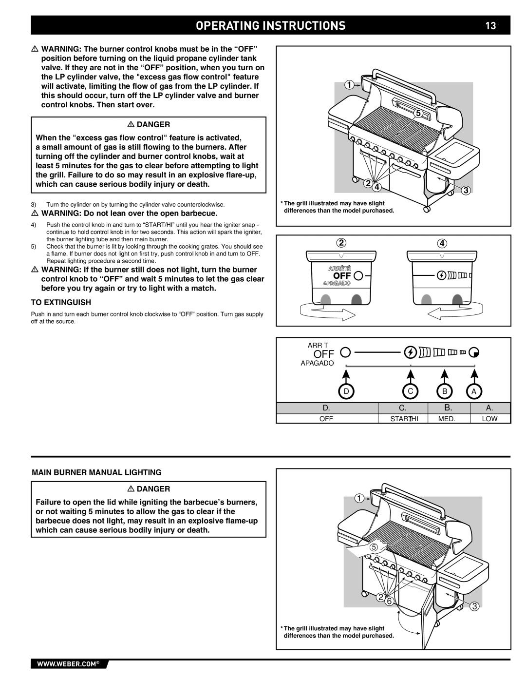 Weber S-670 manual To Extinguish, Main Burner Manual Lighting, Arrêté, Apagado 