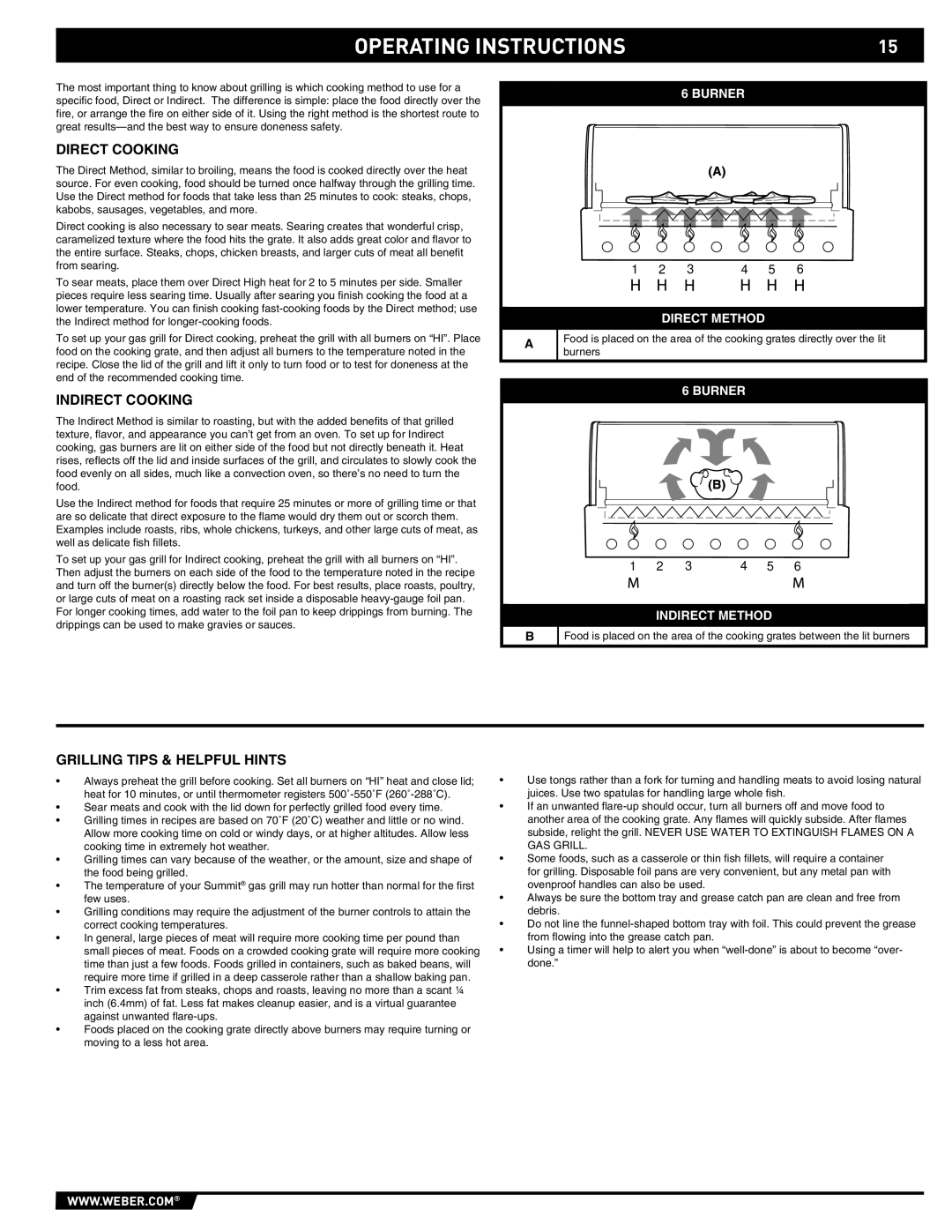 Weber S-670 manual Direct Cooking, Indirect Cooking, Grilling Tips & Helpful Hints 