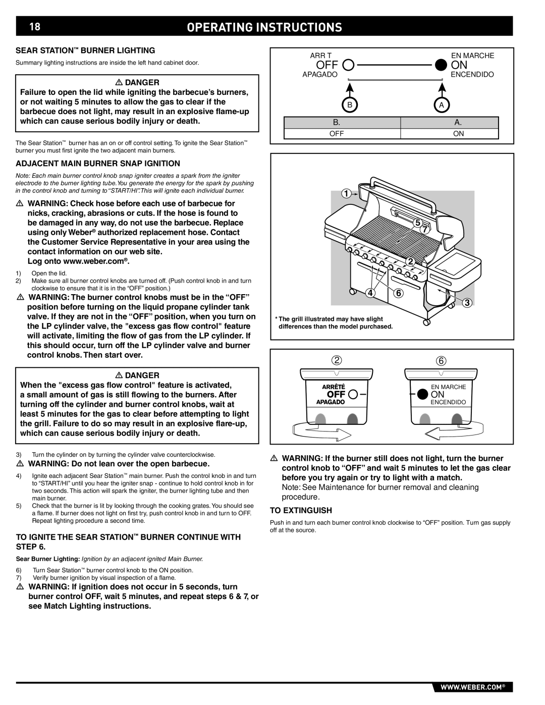 Weber S-670 Sear Station Burner Lighting, Adjacent Main Burner Snap Ignition, Arrêté EN Marche, Apagado Encendido OFF 