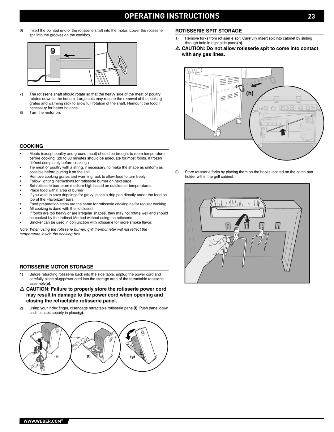 Weber S-670 manual Rotisserie Spit Storage, Cooking, Rotisserie Motor Storage 