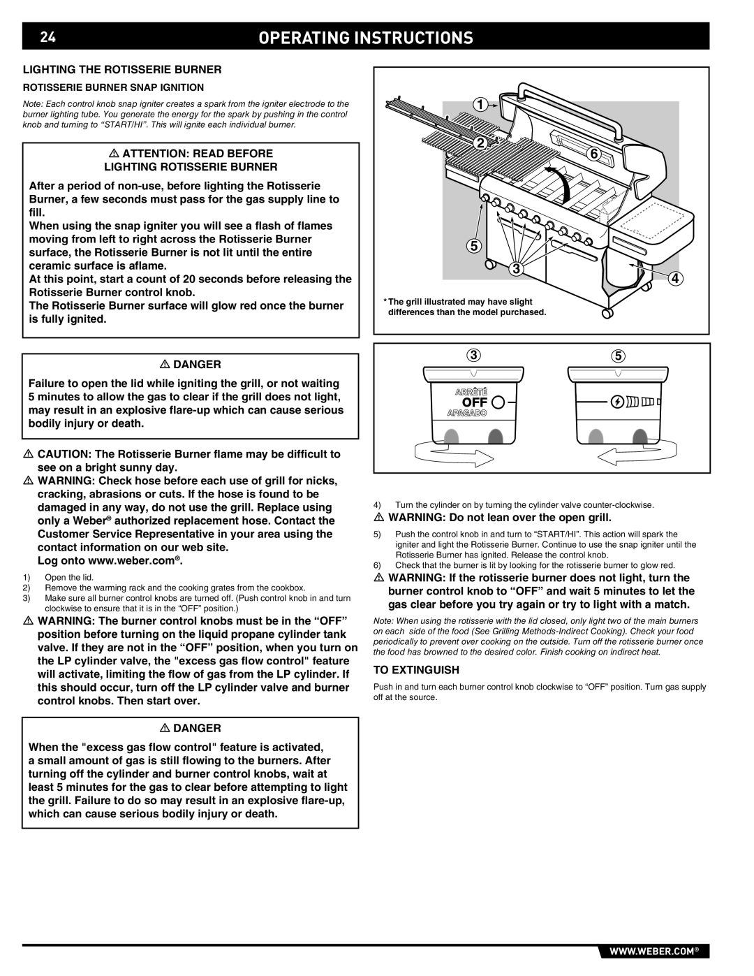 Weber S-670 manual Lighting the Rotisserie Burner, Lighting Rotisserie Burner, Rotisserie Burner Snap Ignition 