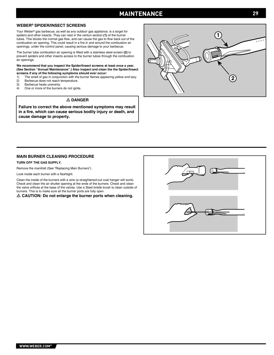 Weber S-670 manual MAINTENANCE29, Weber SPIDER/INSECT Screens, Main Burner Cleaning Procedure 