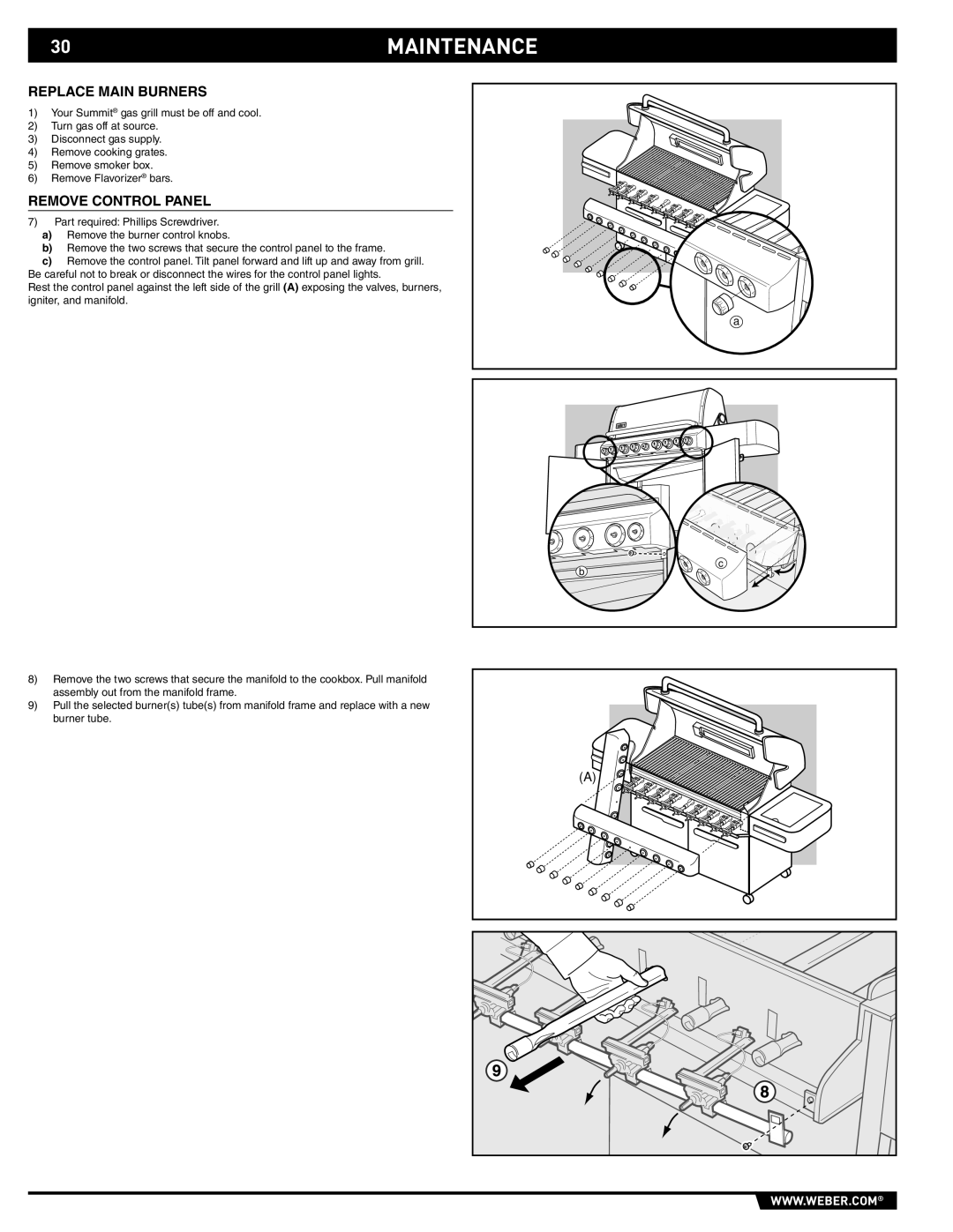 Weber S-670 manual 30MAINTENANCE, Replace Main Burners 