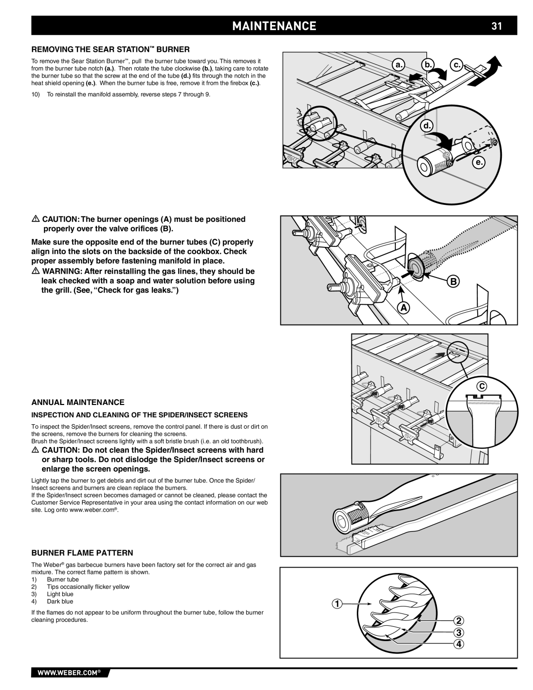 Weber S-670 manual MAINTENANCE31, Removing the Sear Station Burner, Annual Maintenance, Burner Flame Pattern 