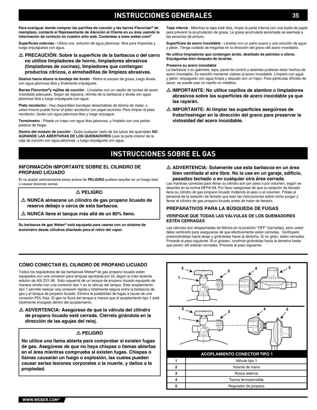 Weber S-670 manual Instrucciones Sobre EL GAS, Información Importante Sobre EL Cilindro DE Propano Licuado 