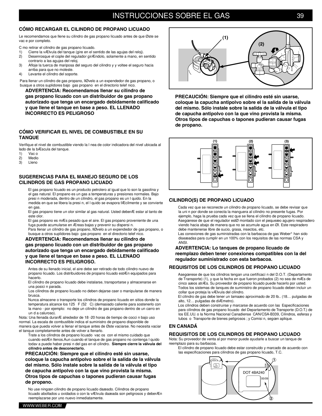 Weber S-670 manual Cómo Recargar EL Cilindro DE Propano Licuado, Cómo Verificar EL Nivel DE Combustible EN SU Tanque 