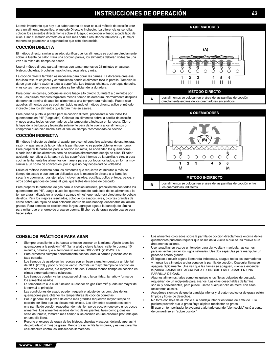 Weber S-670 manual Cocción Directa, Cocción Indirecta, Consejos Prácticos Para Asar 