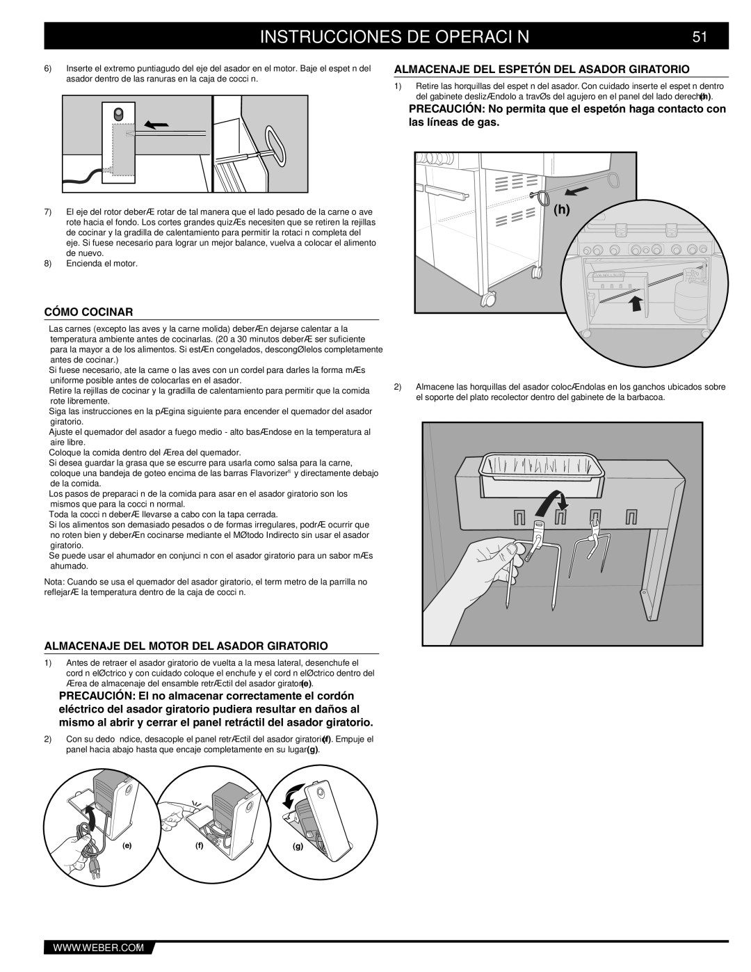 Weber S-670 manual Almacenaje DEL Espetón DEL Asador Giratorio, Cómo Cocinar, Almacenaje DEL Motor DEL Asador Giratorio 