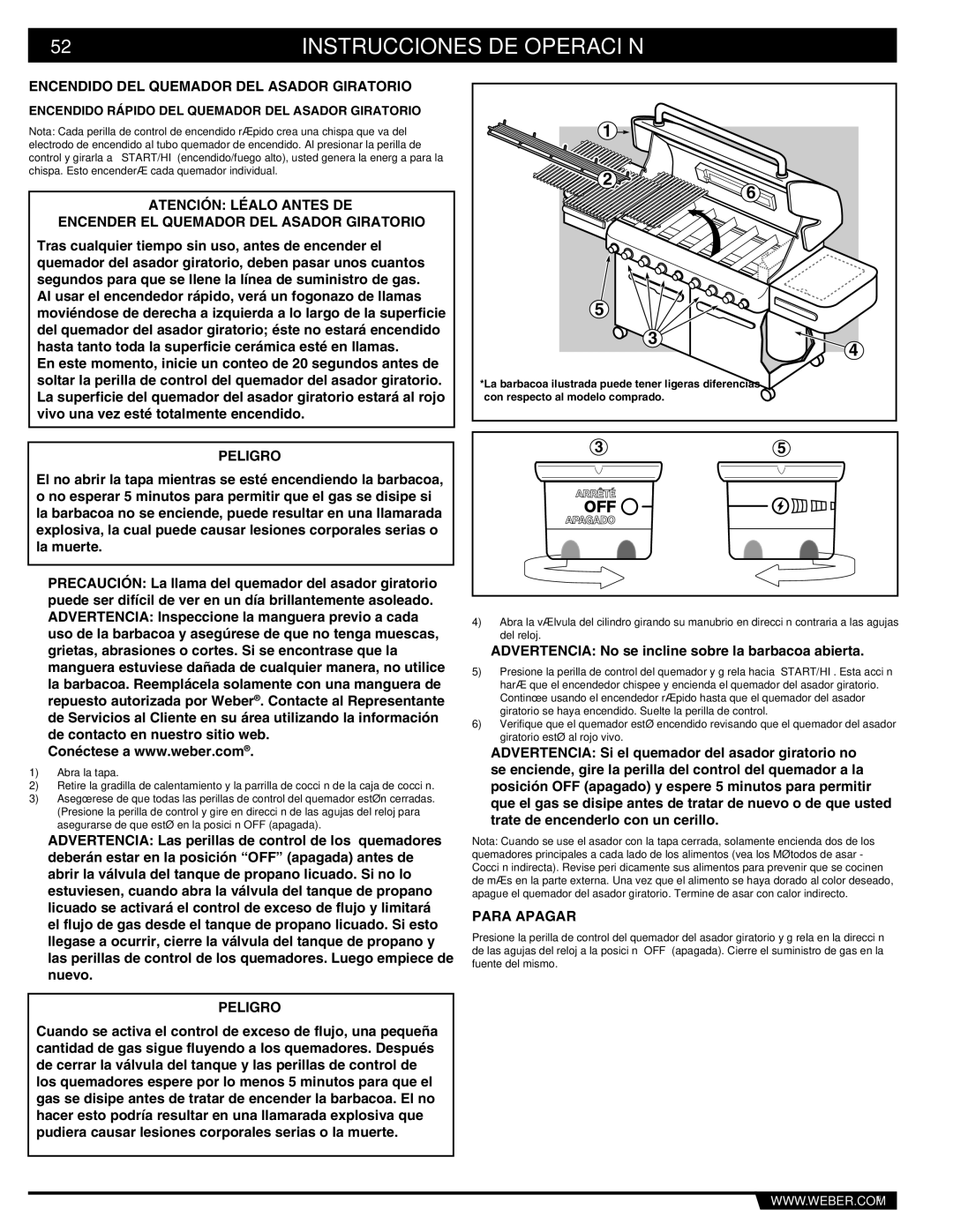 Weber S-670 manual Encendido DEL Quemador DEL Asador Giratorio, Encendido Rápido DEL Quemador DEL Asador Giratorio 