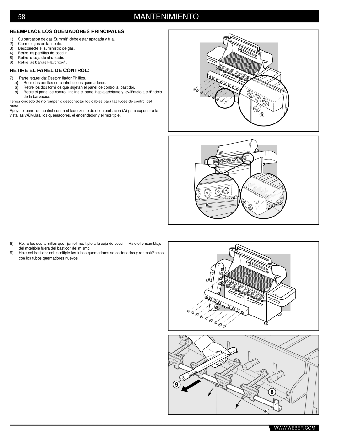 Weber S-670 manual 58MANTENIMIENTO, Reemplace LOS Quemadores Principales 