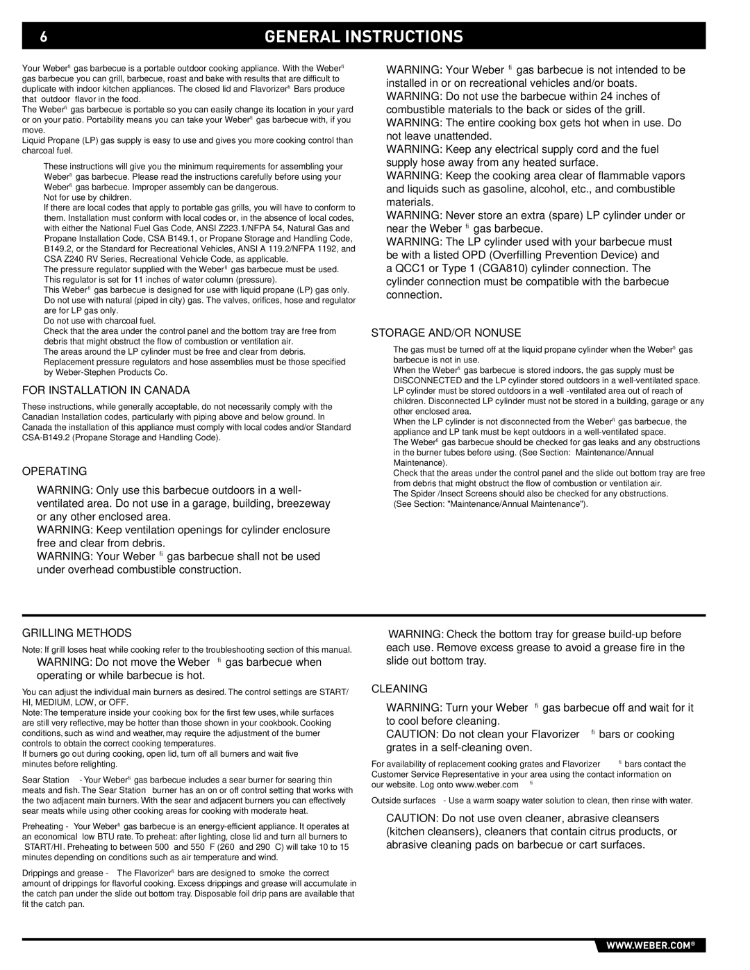 Weber S-670 General Instructions, For Installation in Canada, Operating Storage AND/OR Nonuse, Grilling Methods, Cleaning 