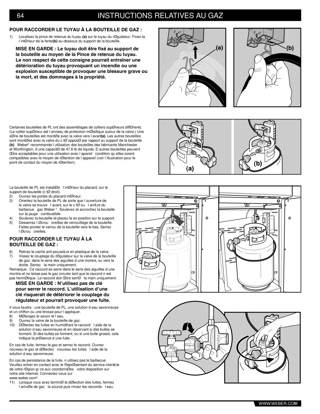 Weber S-670 manual Instructions Relatives AU GAZ, Pour Raccorder LE Tuyau À LA Bouteille DE GAZ 