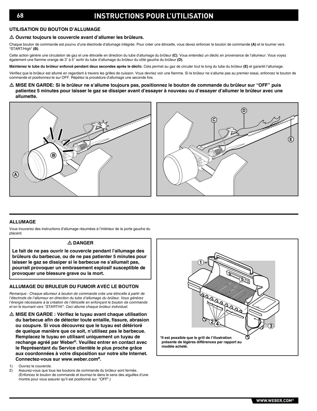 Weber S-670 manual Utilisation DU Bouton D’ALLUMAGE, Allumage DU Bruleur DU Fumoir Avec LE Bouton 