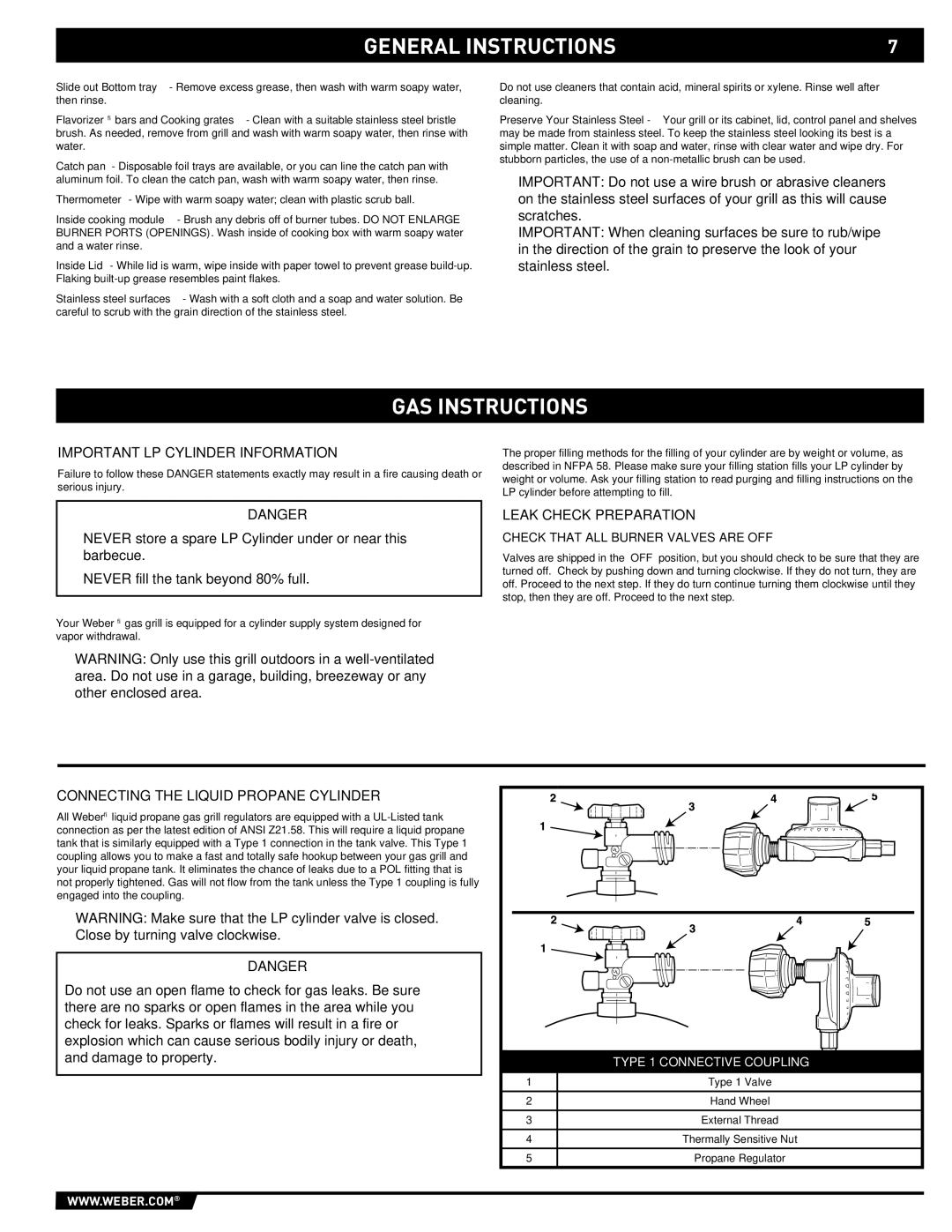 Weber S-670 manual GAS Instructions, Important LP Cylinder Information, Leak Check Preparation 