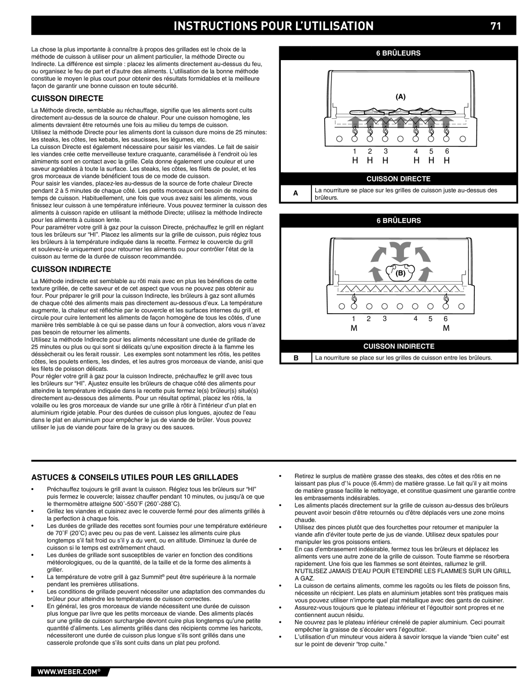 Weber S-670 manual Cuisson Directe, Cuisson Indirecte, Astuces & Conseils Utiles Pour LES Grillades 