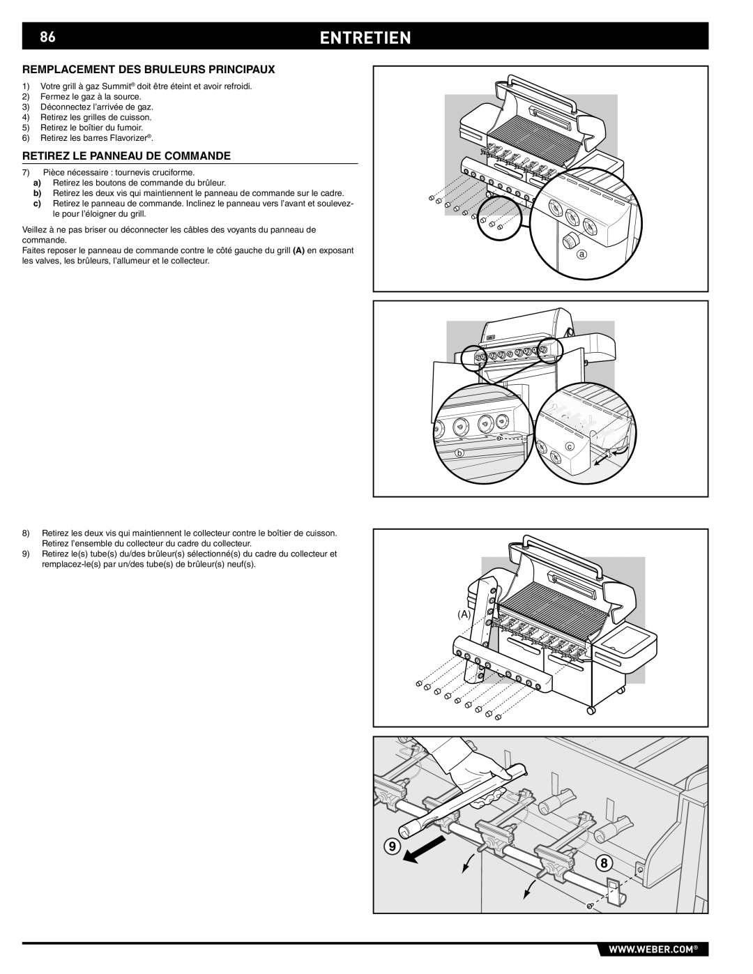 Weber S-670 manual 86ENTRETIEN, Remplacement DES Bruleurs Principaux, Retirez LE Panneau DE Commande 