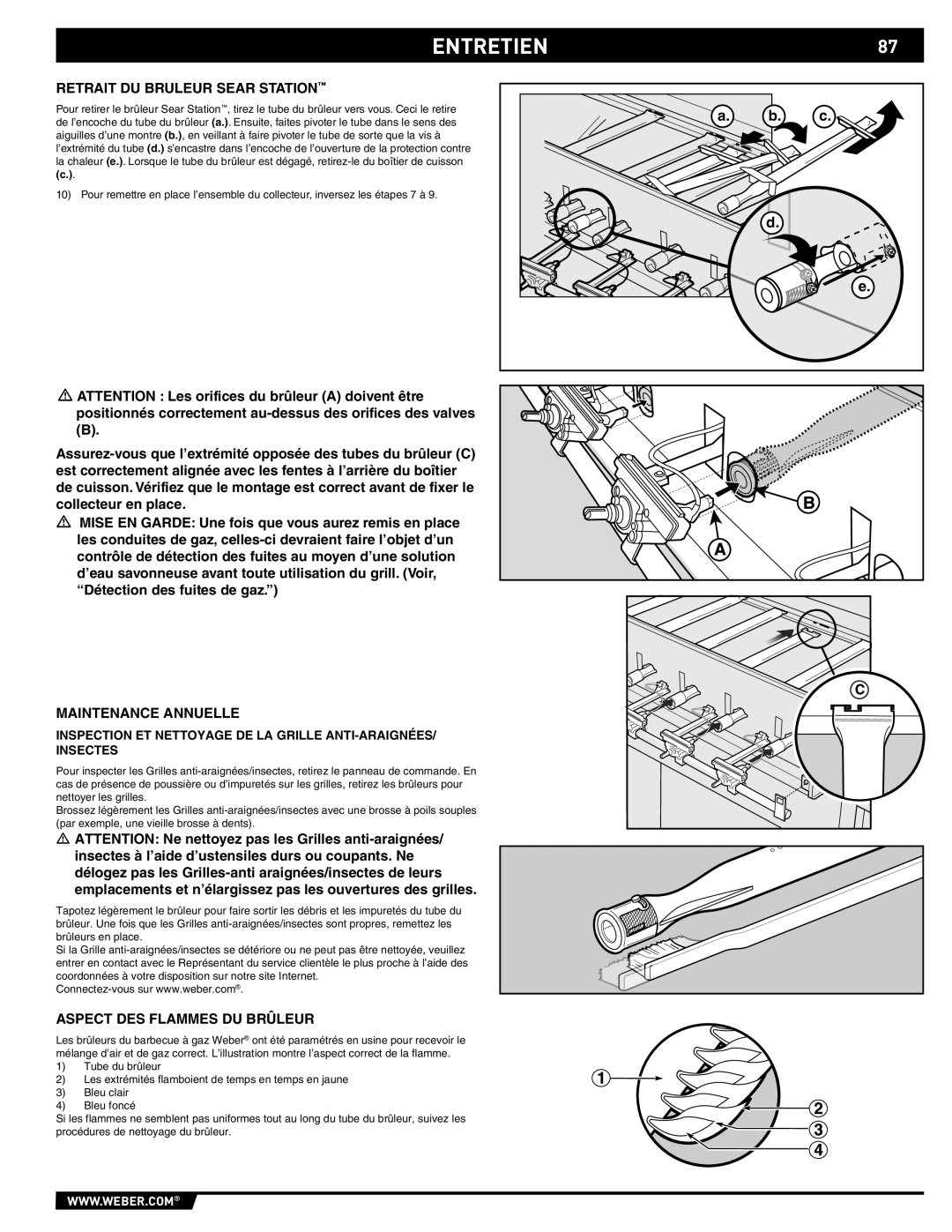 Weber S-670 manual Entretien, Retrait DU Bruleur Sear Station, Maintenance Annuelle, Aspect DES Flammes DU Brûleur 