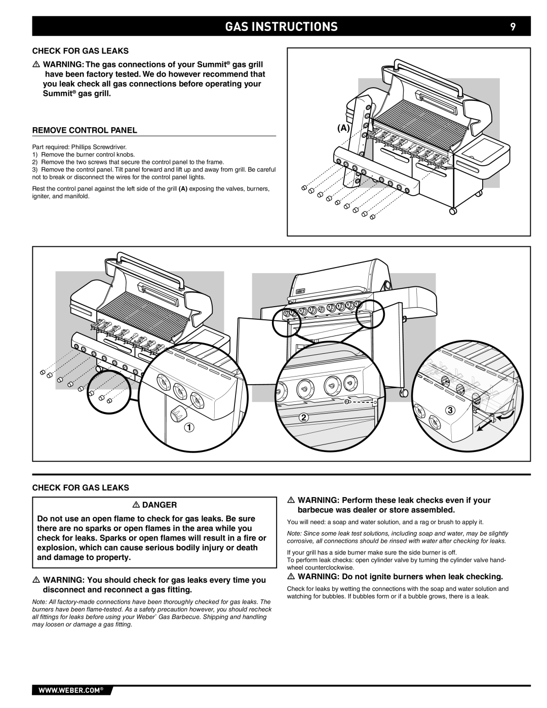 Weber S-670 manual Check for GAS Leaks Remove Control Panel 