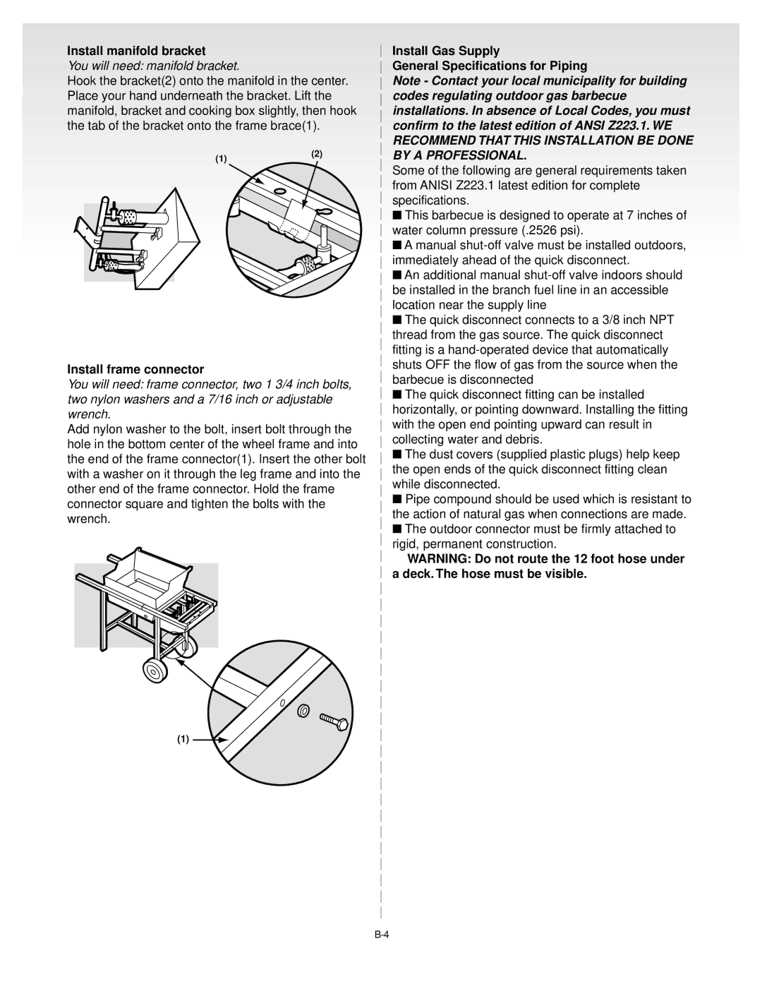 Weber SILVER A Install manifold bracket, Install frame connector, Install Gas Supply General Specifications for Piping 