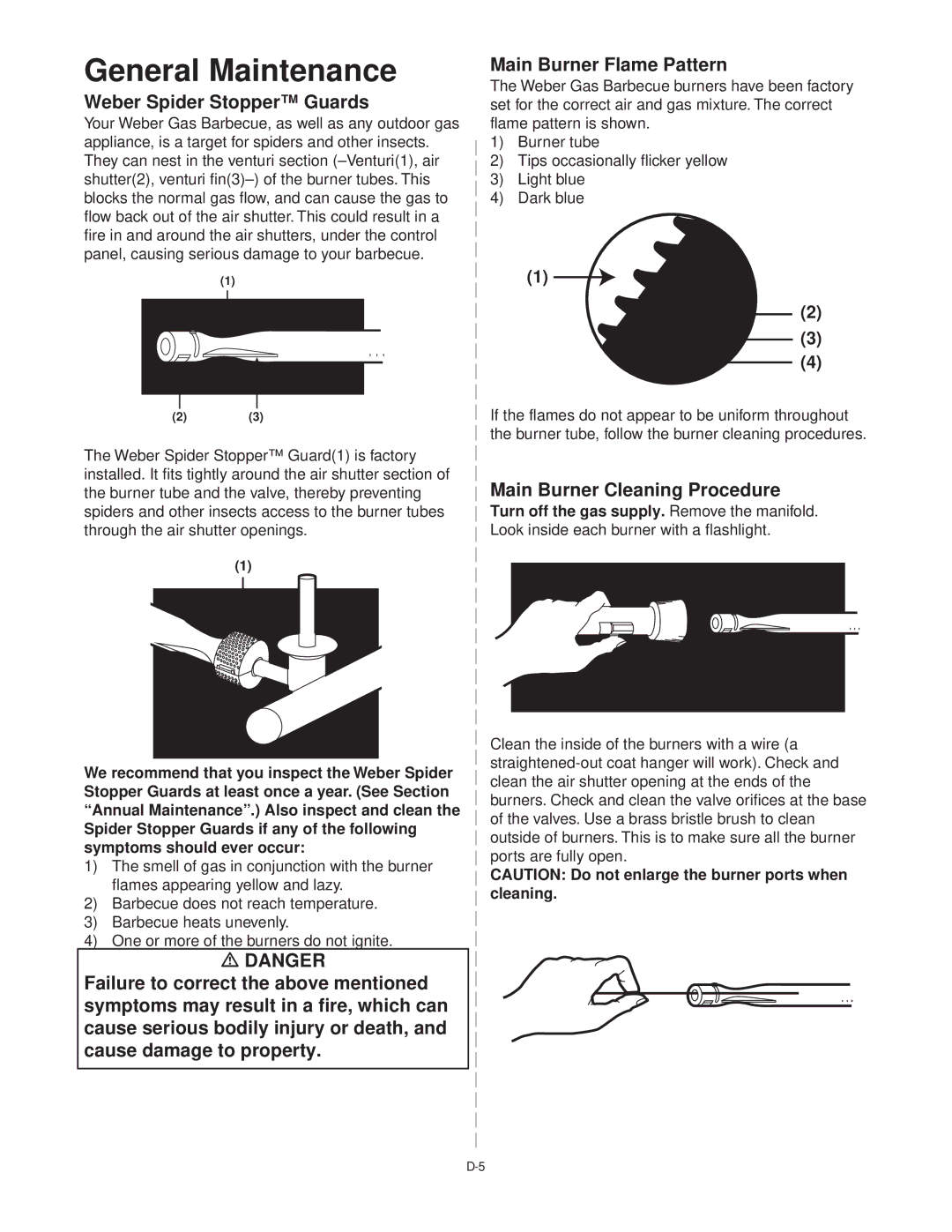 Weber SILVER A General Maintenance, Main Burner Flame Pattern, Weber Spider Stopper Guards, Main Burner Cleaning Procedure 