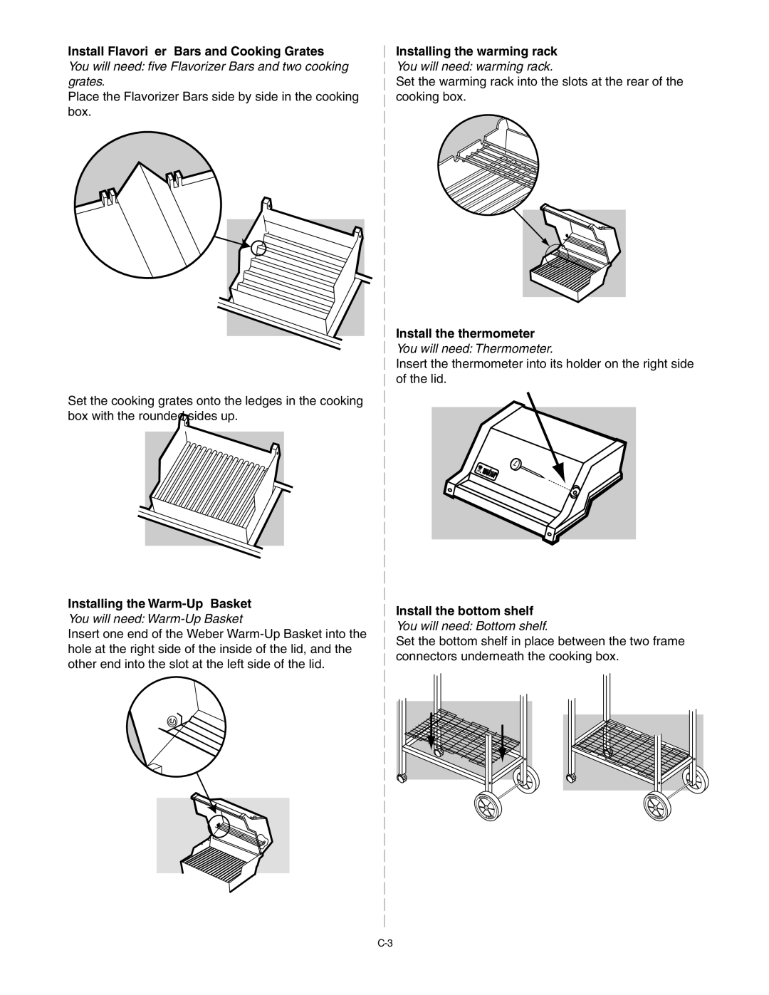 Weber Silver B manual Installing the warming rack, Install the thermometer, Installing the Warm-Up Basket 